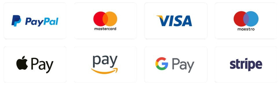 Payment Methods: PayPal, Mastercard, Visa, Maestro, Apple Pay, Amazon Pay, Google Pay, Stripe